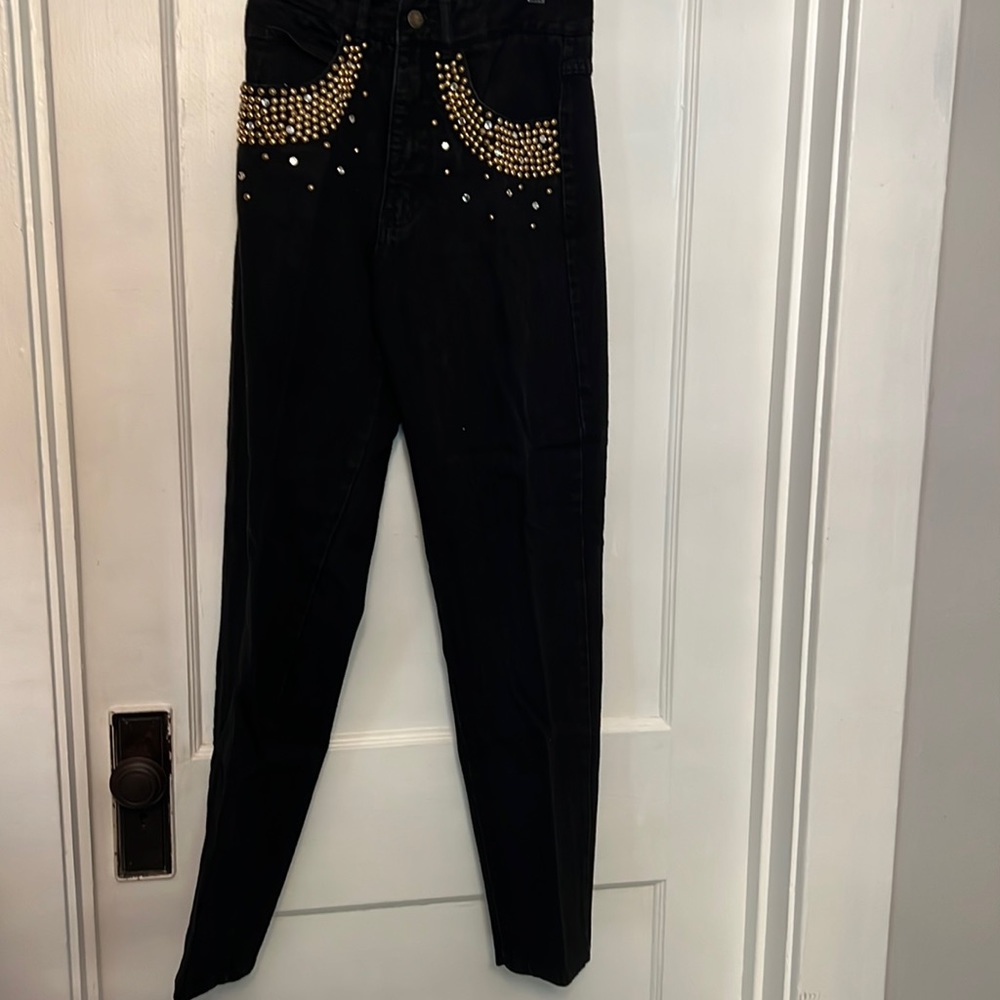 Black jeans with studs on them straight legs
